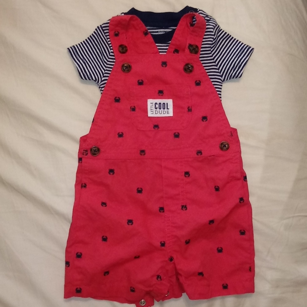 Red Crab Overalls with Blue & White Striped Onsie
